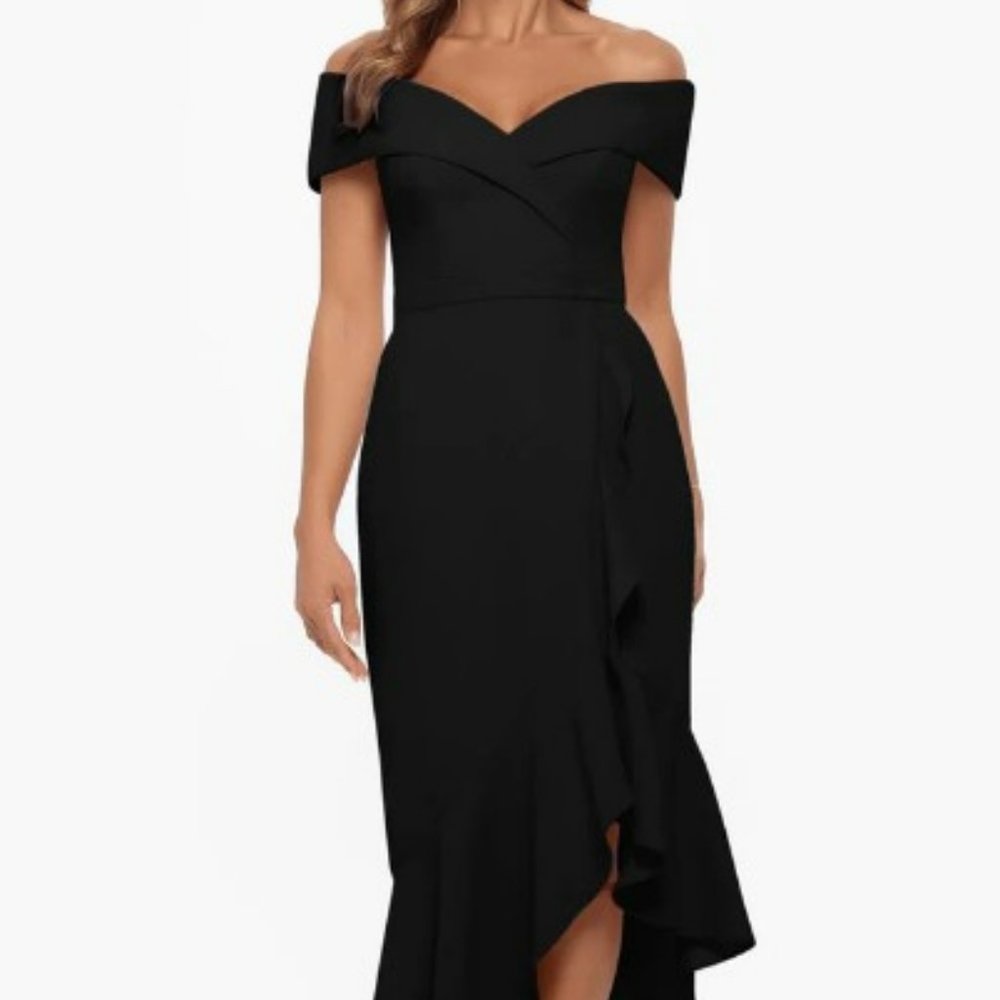 Xscape Ruffled Sheath Dress - Navy- Lord & Taylor - Off the Shoulder